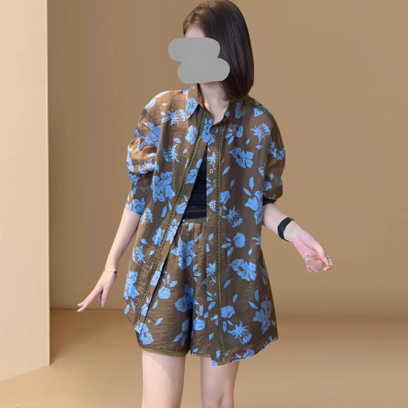 印花两件套女2025夏季新款高级气质减龄防晒Polo领衬衫+潮流短裤