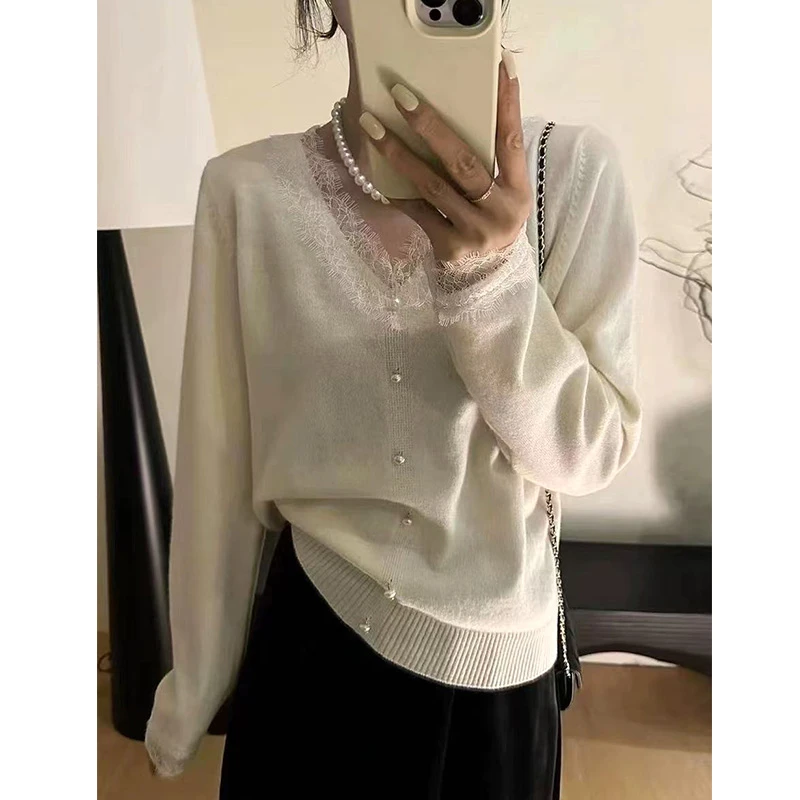 【香槟扣V领蕾丝套头】时尚小香风气质百搭针织衫女春季新款FFX2058