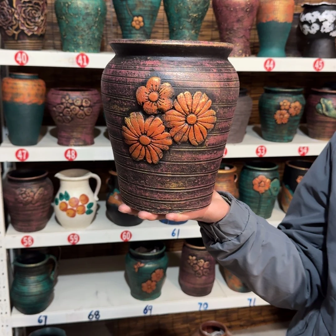 红陶红陶浮雕花盆炸炸炸