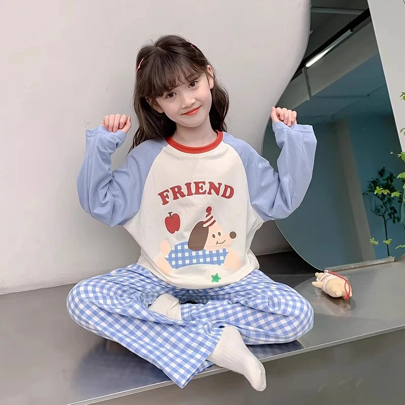 儿童纯棉睡衣女童初中生春秋季长袖卡通腊肠狗中大童家居服套装