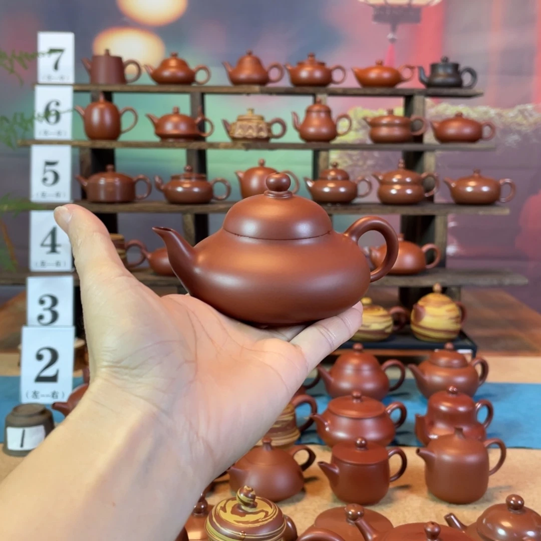 茶壶紫砂用****1潮州手工手拉朱泥扁梨壶