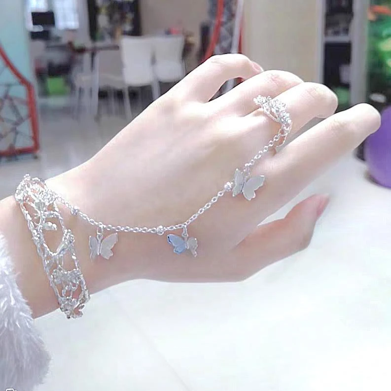 合金手链 古风手镯女中国风手链戒指一体汉服开口镯子蝴蝶流苏铃