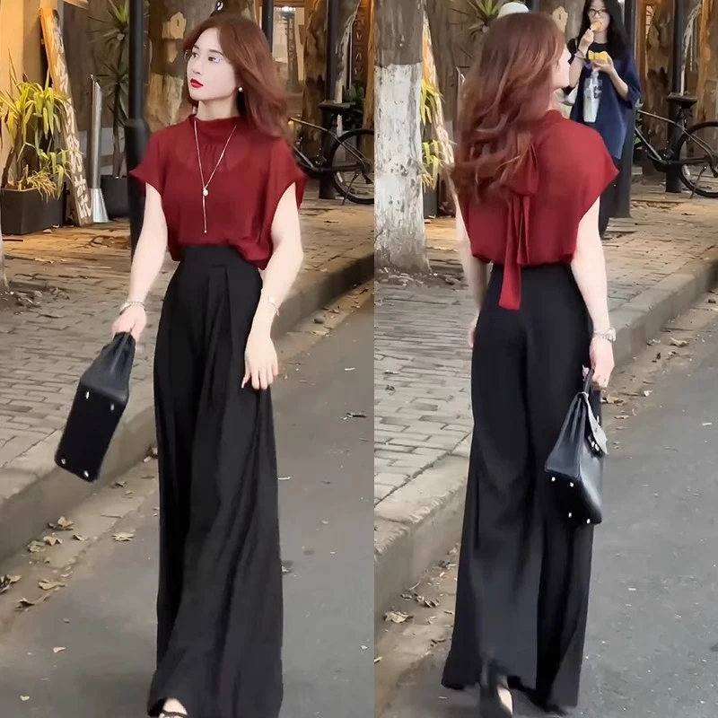 拉夏贝尔时尚显瘦上衣阔腿裤套装夏季新款设计感雪纺衫气质两件套