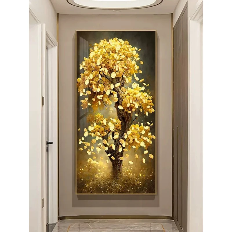 发财树玄关钻石画2025新款满钻轻奢大气入户竖版楼梯点粘钻十字绣