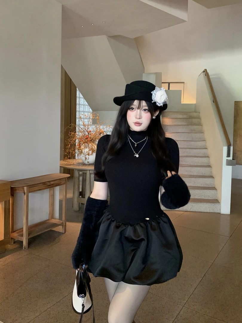 黑泽玄七生日圣诞法式短裙黑色半高领收腰蓬蓬连衣裙显瘦气质秋冬