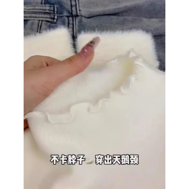 花边半高领冬季加绒内搭毛衣女修身软糯白色打底衫一体绒上衣秋冬