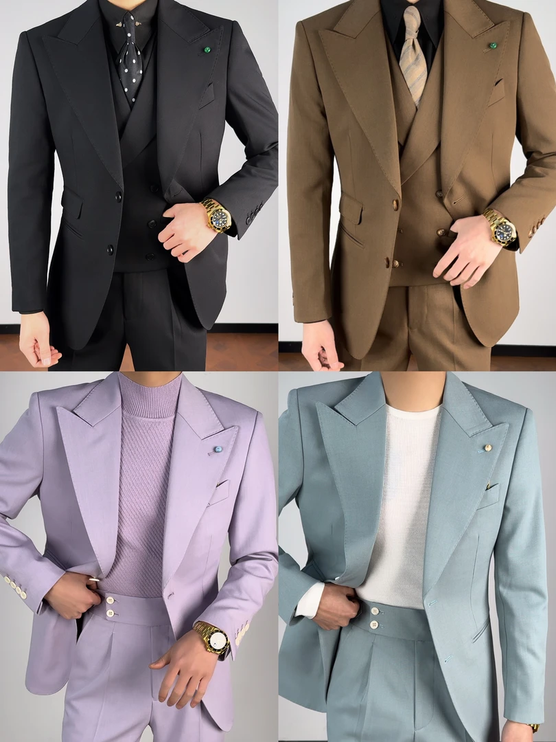 【西蒙曹】-2401男士商务时尚气质修身英式高定戗驳领西装 单西服