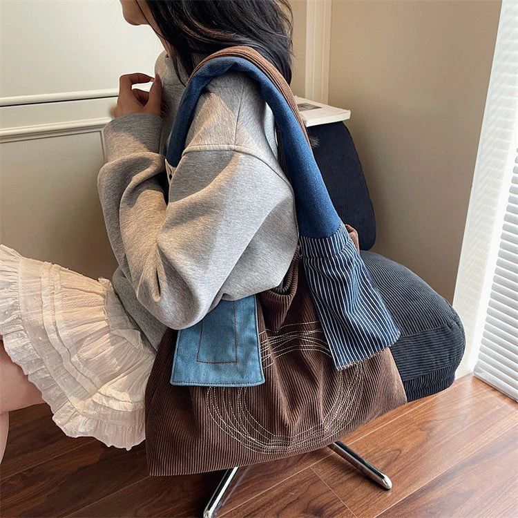 复古拼接灯芯绒托特包女新款潮文艺休闲单肩包学生上课托特包