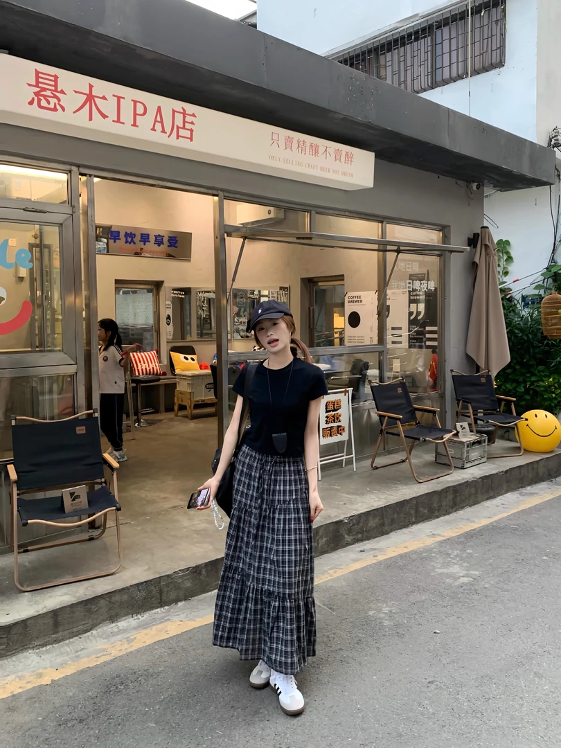 韩系复古风不规则拼接格纹半身裙女夏季新款高腰显瘦小个子a字裙