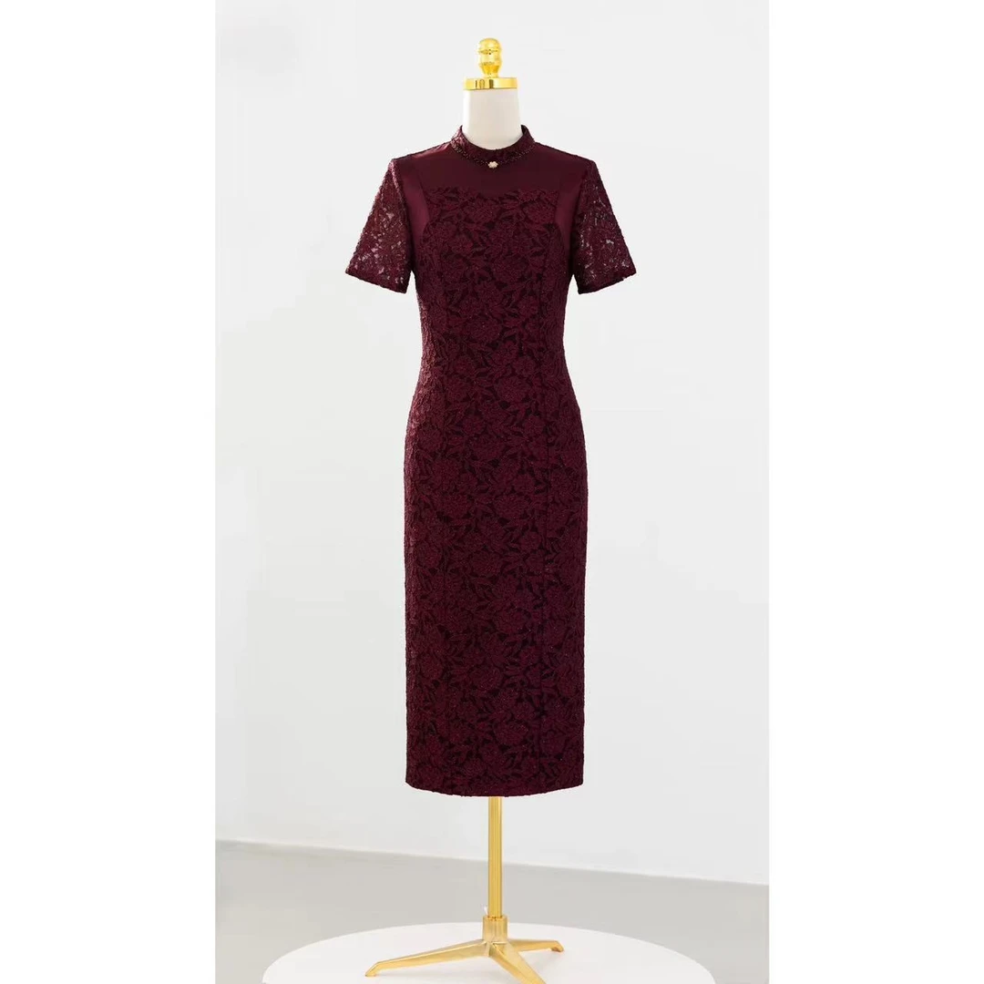 【良辰定制】夏款喜婆婆上台旗袍婚宴装紫色修身蕾丝旗袍敬酒服