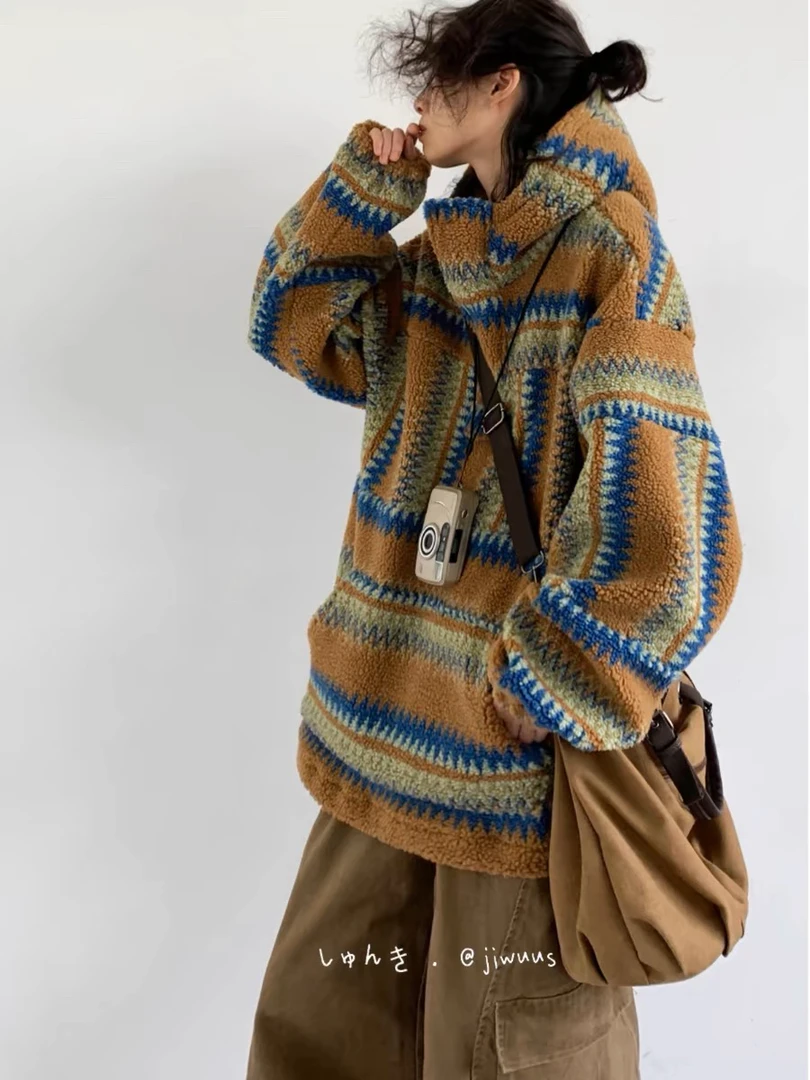 秋冬日系复古民族风羊羔绒连帽卫衣男女加厚宽松休闲高领套头帽衫