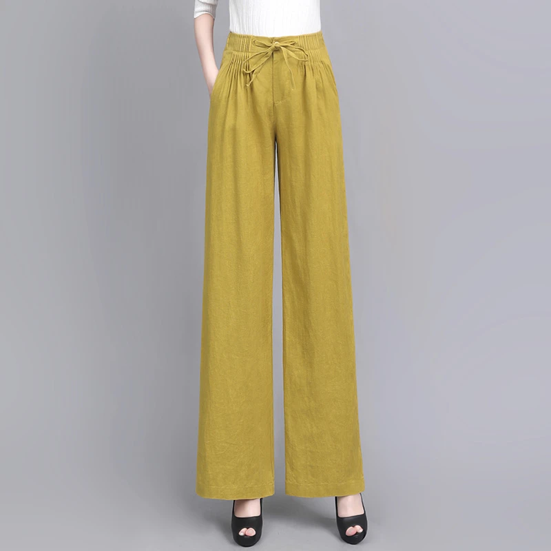 2025春夏新款亚麻阔腿裤女腰部压褶高级感垂顺宽松直筒麻料休闲裤