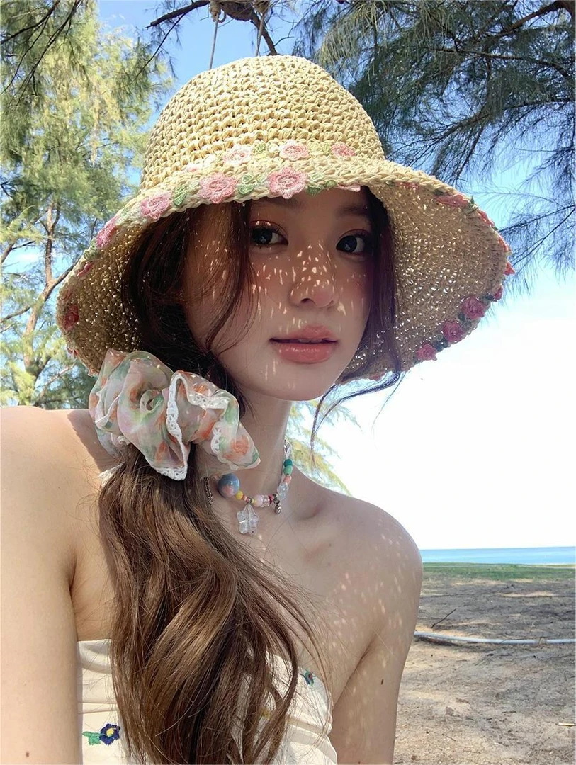 田园风花朵渔夫草帽女夏季海边度假可折叠防晒遮阳太阳帽~玫瑰