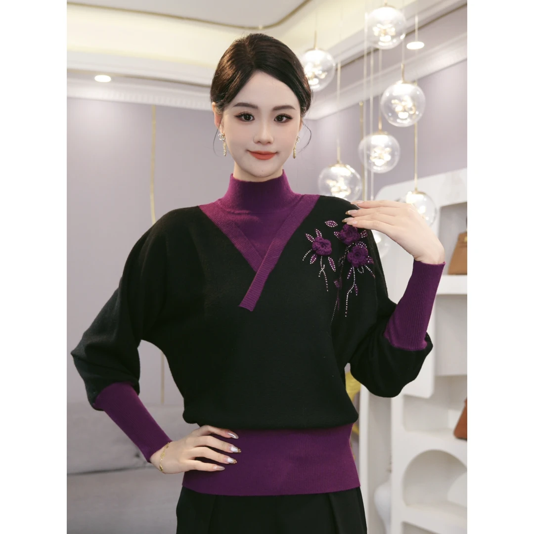 2026秋冬新款【ZM-1022PY】含绵羊毛宽松假两件拼接紫色针织衫毛