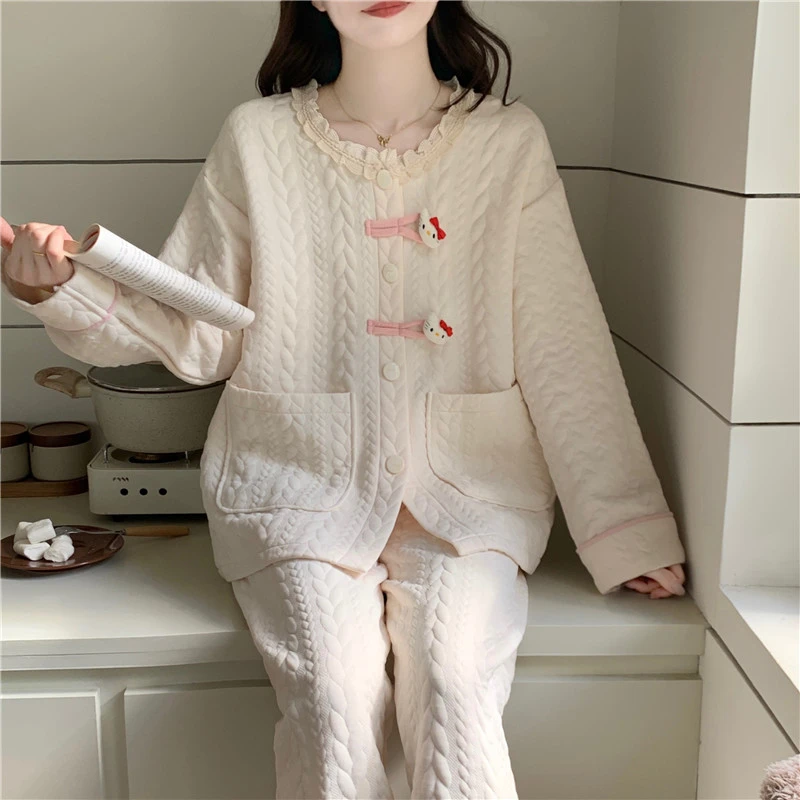 秋冬季女士睡衣女加厚空气棉提花开衫夹层可爱卡通可外出家居服