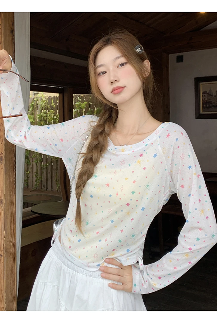 时尚星星印花薄款外搭T恤女白色海边度假风罩衫长袖显瘦纯欲上衣