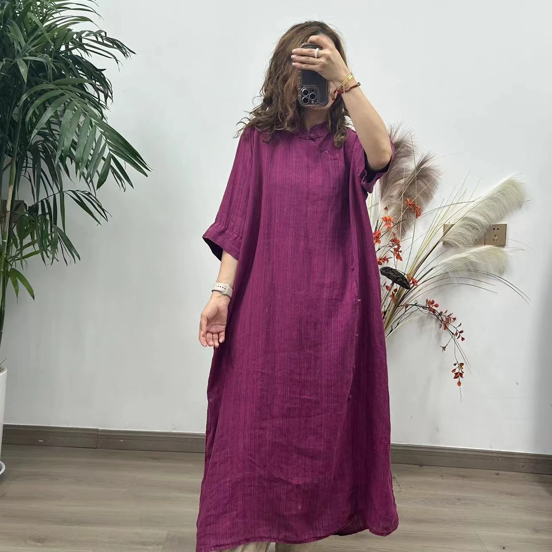 花璟与麻原创设计立领斜襟扣色织长款裙袍（衣长118胸围132）