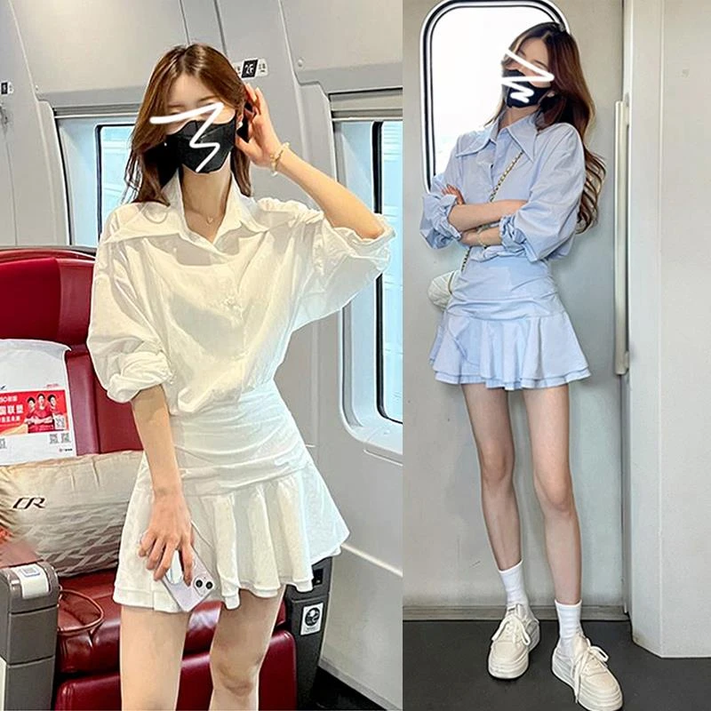 白色假两件长袖衬衫连衣裙子女早春季2025新款小个子气质修身短裙
