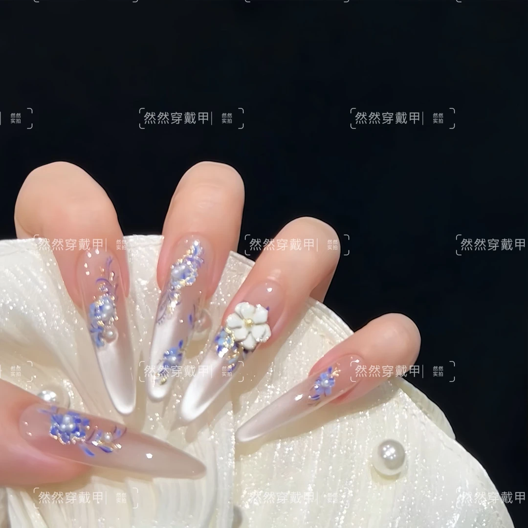 【青花瓷】纯手工穿戴甲猫眼小花显白精致高级牡丹可重复佩戴美甲