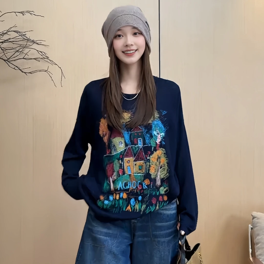 时尚圆领印花涂鸦长袖t恤女2025秋季新款大码胖MM慵懒风时髦上衣