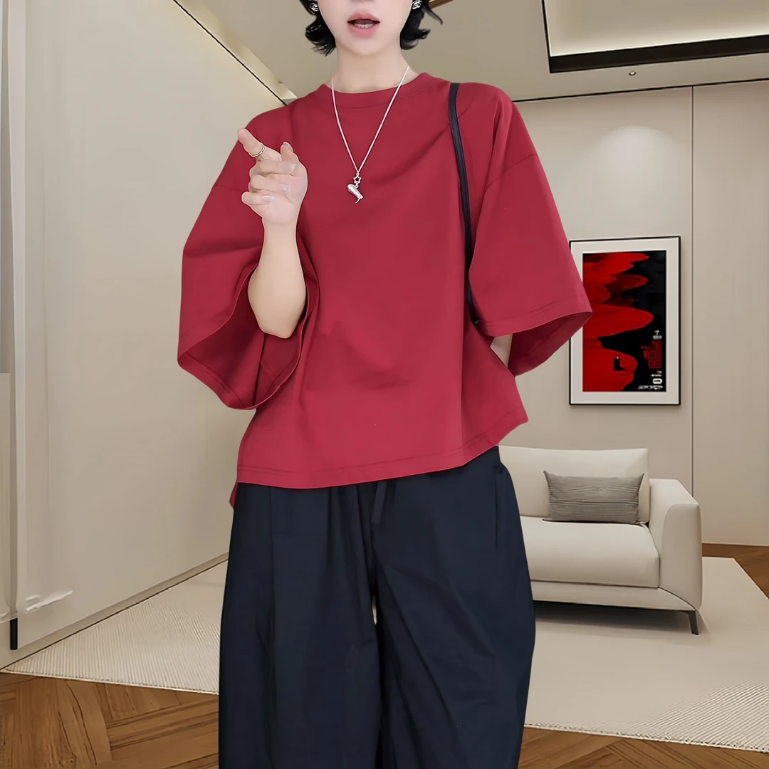 夏季圆领设计感慵懒大码T恤2025新款纯色拼接显瘦遮肚休闲上衣