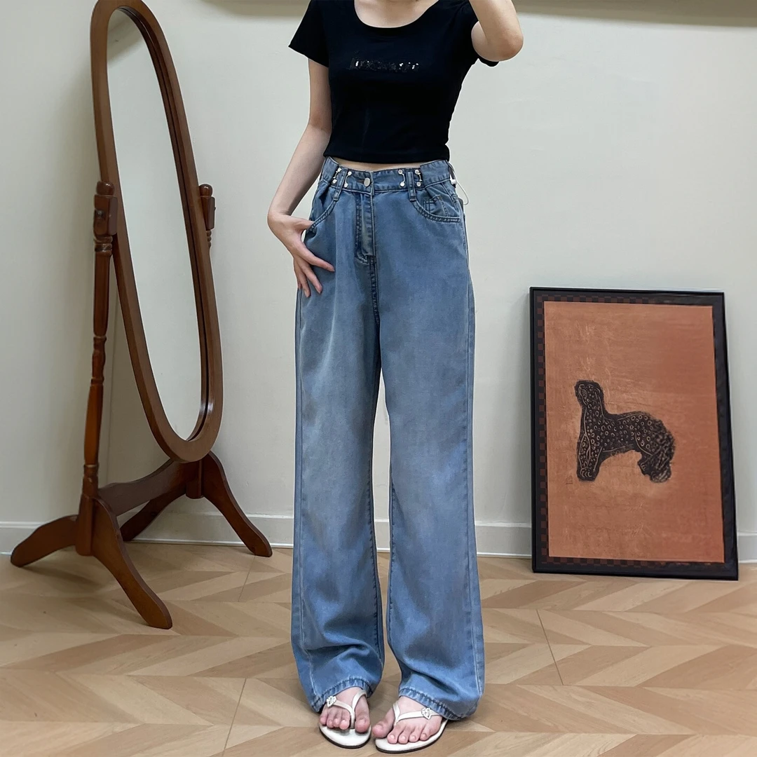 直筒天丝牛仔裤女2025夏季薄款大码高腰显瘦冰丝垂感窄版阔腿裤子