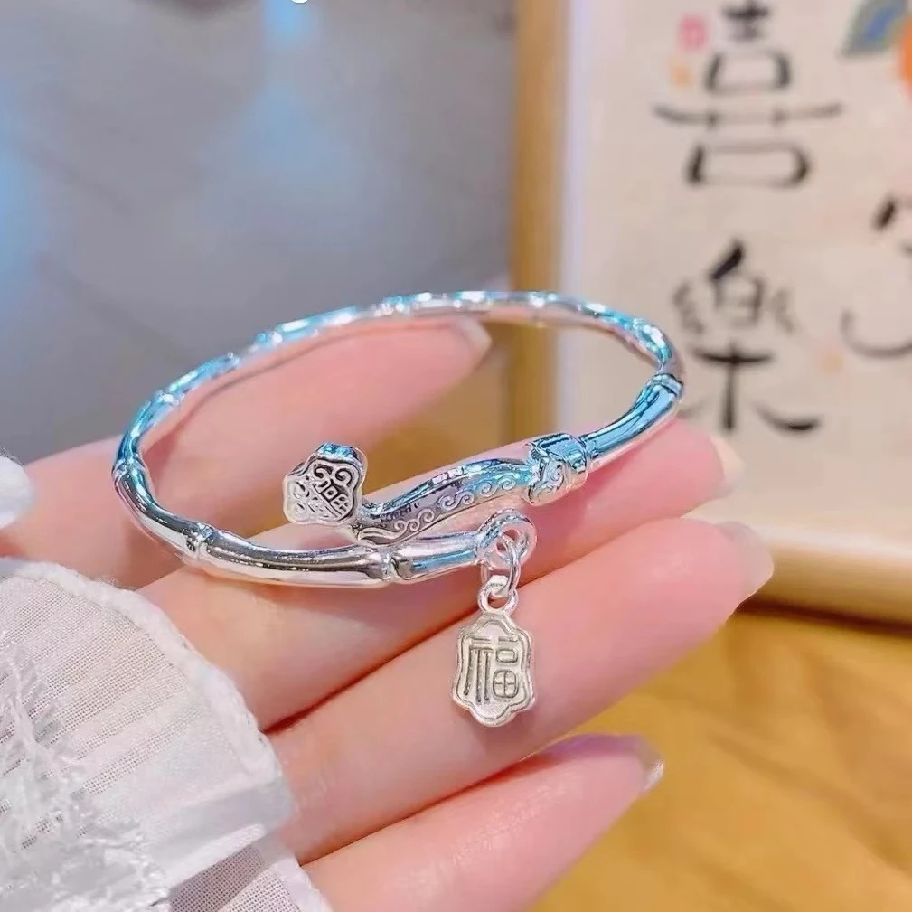 足银手镯 999.9【S150】如意福字竹节开口款国风年轻小众款精美礼物
