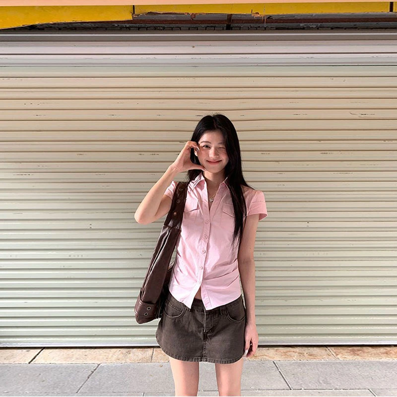 韩系学院风粉色Polo领正肩短袖衬衫女夏季新款修身显瘦开衫衬衣潮