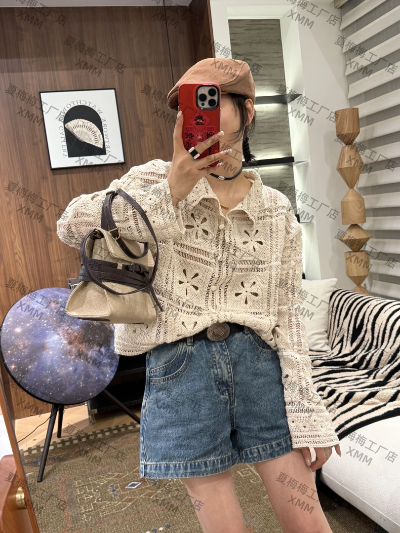 XMM.【钩花小翻领】早秋新款时尚百搭潮流洋气宽松休闲镂空衣GJ7788