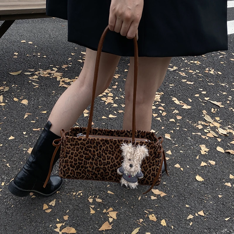 豹纹托特包收纳复古单肩腋下包车缝线拉链做旧手提式
