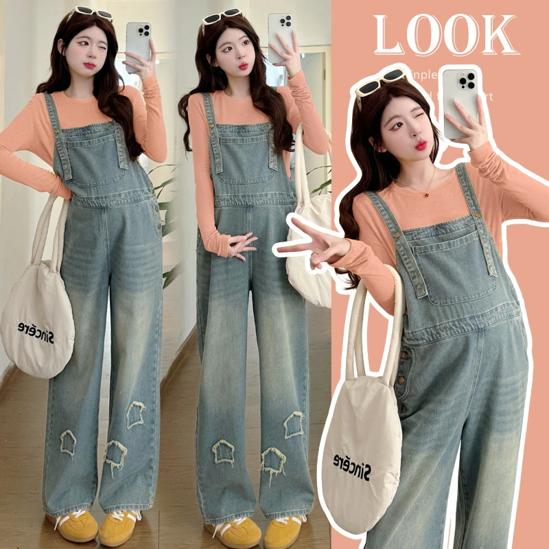 时尚孕妇春夏季新款孕妇牛仔背带裤气质减龄+外穿上衣两件套套装