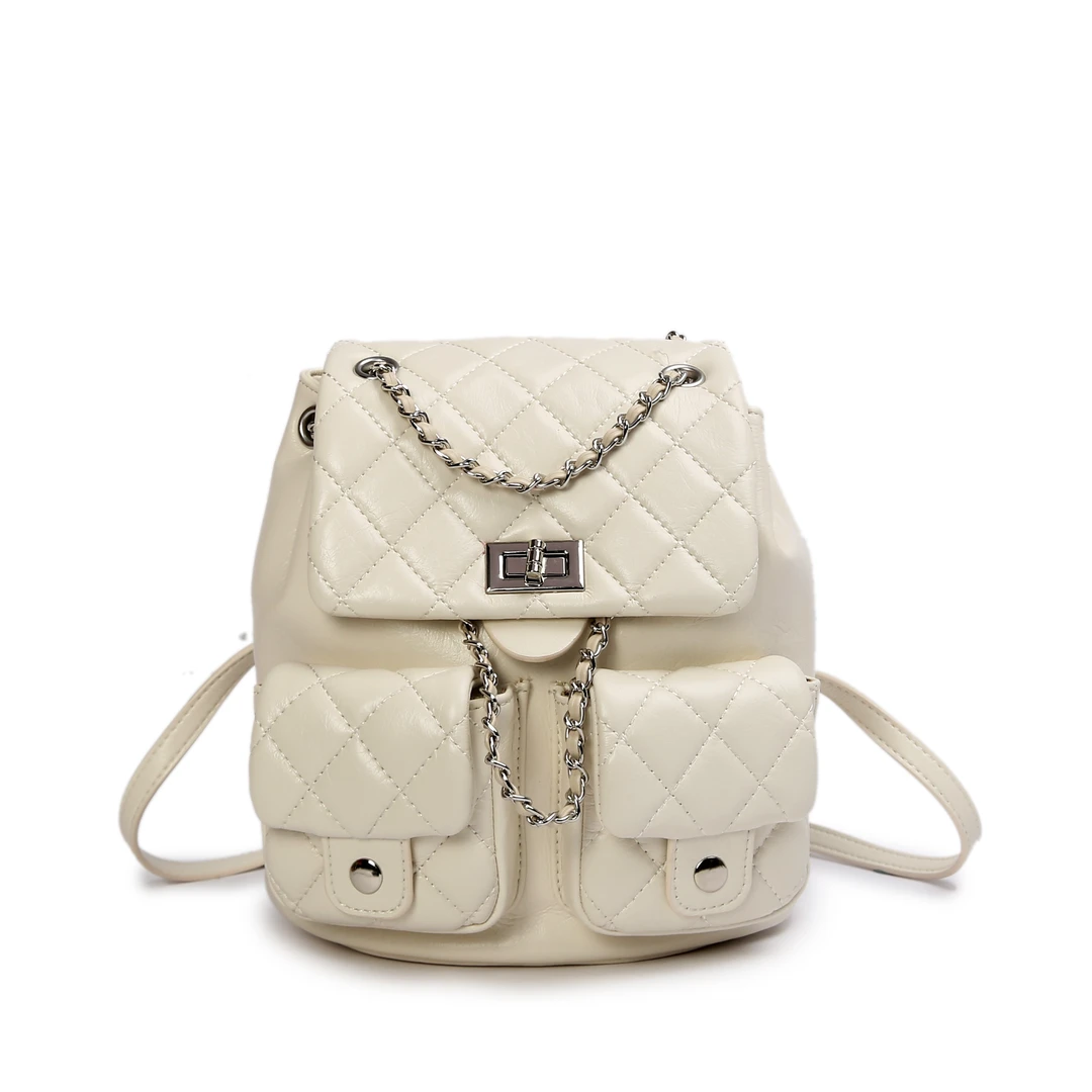 1793米白色2025新款时尚休闲菱格双肩包百搭潮流链条背包女士包袋