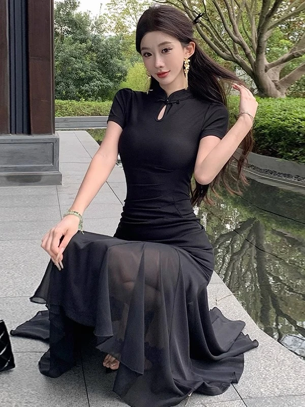 国风新中式复古镂空改良旗袍连衣裙御姐气质高级感收腰修身包臀裙