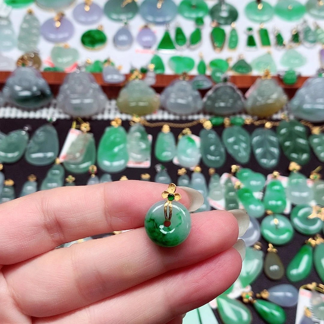 翡翠18K金镶嵌吊坠(不含链)天然翡翠A货