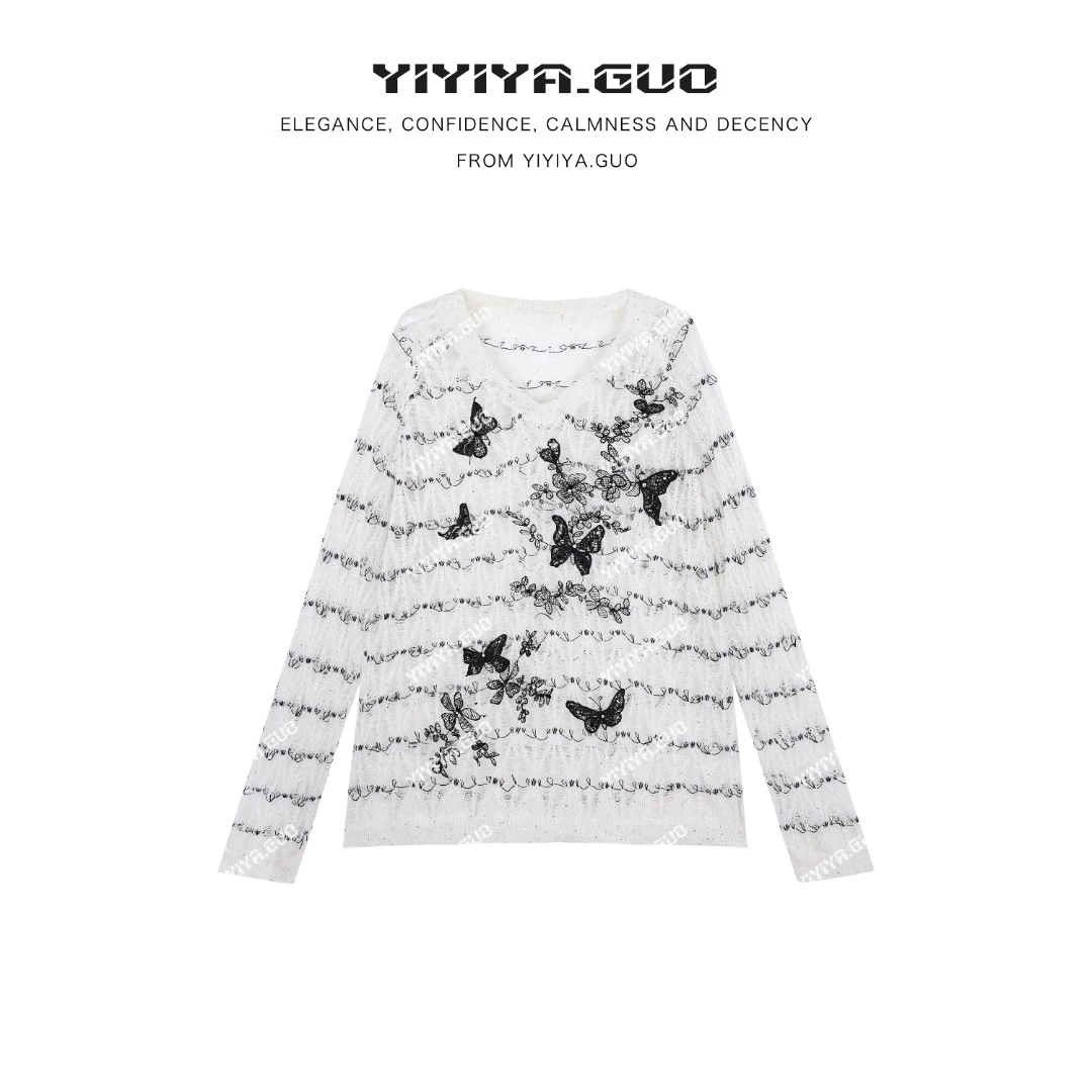yiyiya.Guo艺艺吖【蝴蝶丛中】V领拼接亮片刺绣长袖上衣090023SS52