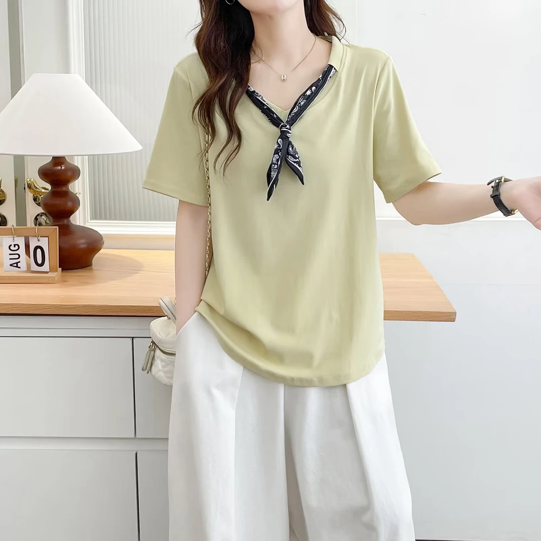 微胖大码设计感系带V领韩版圆领上衣胖mm宽松遮肚短袖T恤夏季女