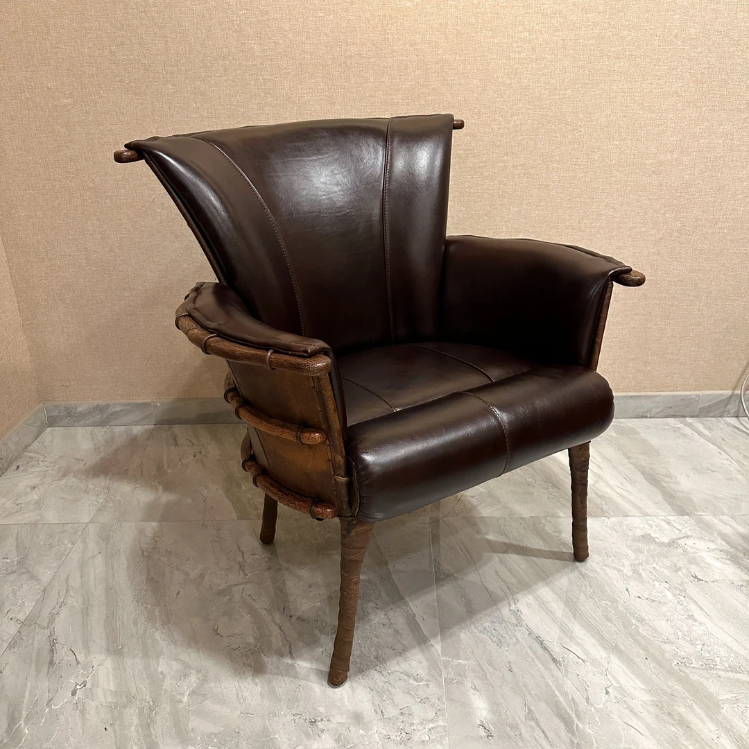 【务美艺术】部落风棕榈木橡树棕色餐椅酋长椅（07369）