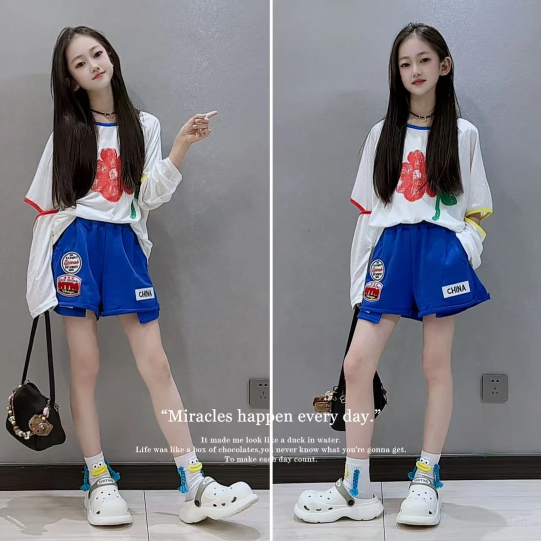 女童防晒衣夏季2025新款儿童洋气轻薄透气拼接袖休闲短裤两件套潮