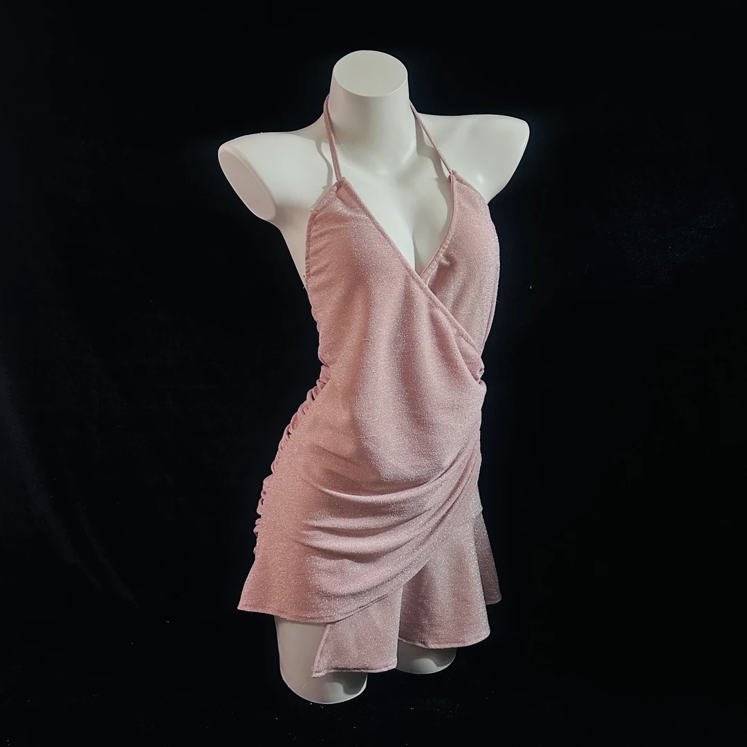 v领粉色闪闪吊带睡裙居家服