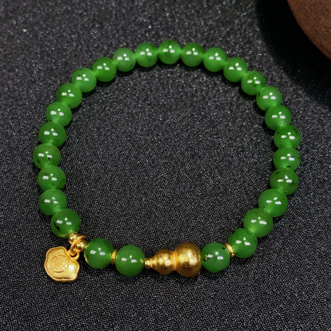 天然和田玉碧玉圆珠6mm手链单圈925银葫芦福字如意锁手串女@0276
