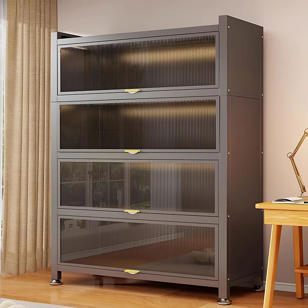 厨房收纳柜餐边落地多层微波炉收纳柜多功能带门钢制碗柜防尘橱柜