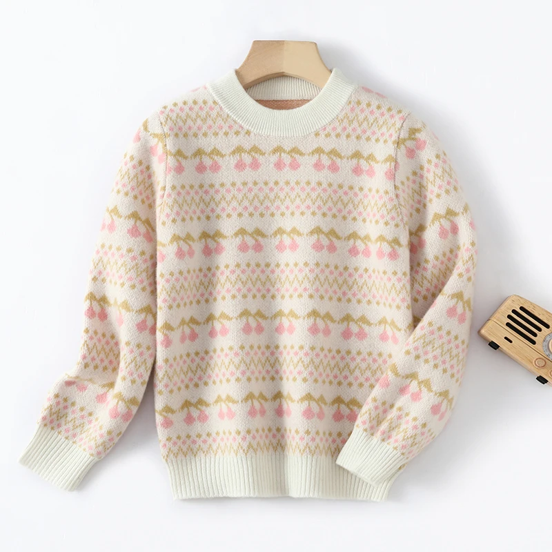 秋冬儿童100%纯羊毛衫中大女童圆领小樱桃提花加厚针织衫套头毛衣