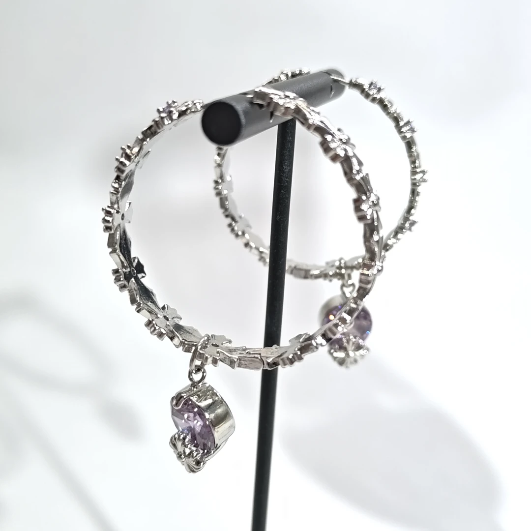 铜合金锆石耳饰 06684小众设计高级感C形大圈十字花紫锆个性耳环