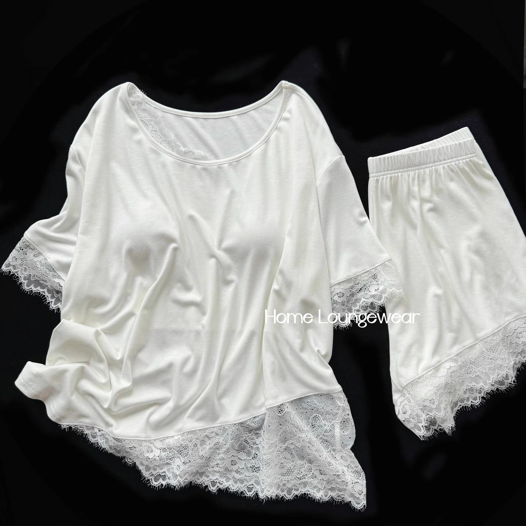 法式蕾丝花边睡衣女短袖甜美设计家居服套装夏77005