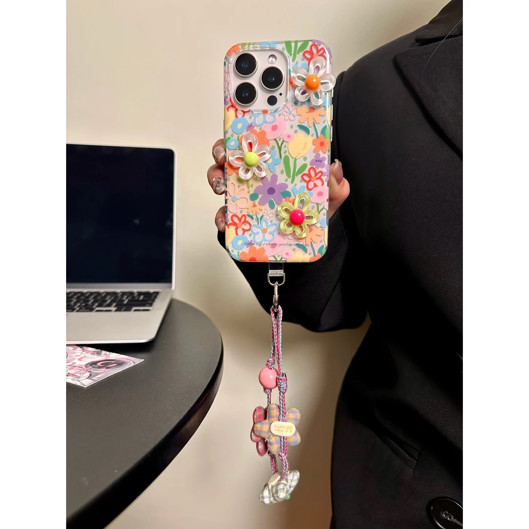 春夏小清新满屏彩色花朵适用iPhone16promax手机壳苹果15全包防摔