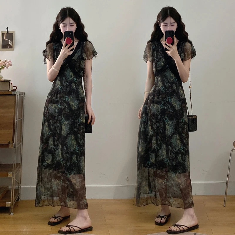 大码【清冷繁花】法式小众碎花连衣裙蕾丝拼接设计感度假风长裙胖MM