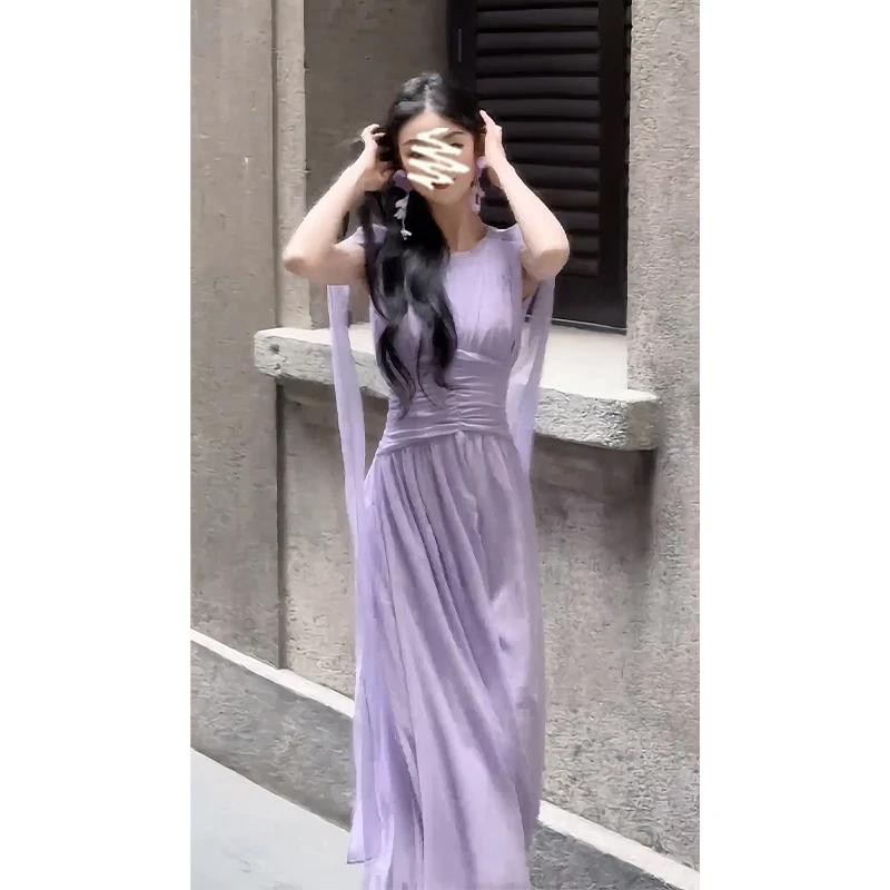 连衣裙2025夏季新款法式气质圆领无袖飘带收腰褶皱中长款百搭裙子