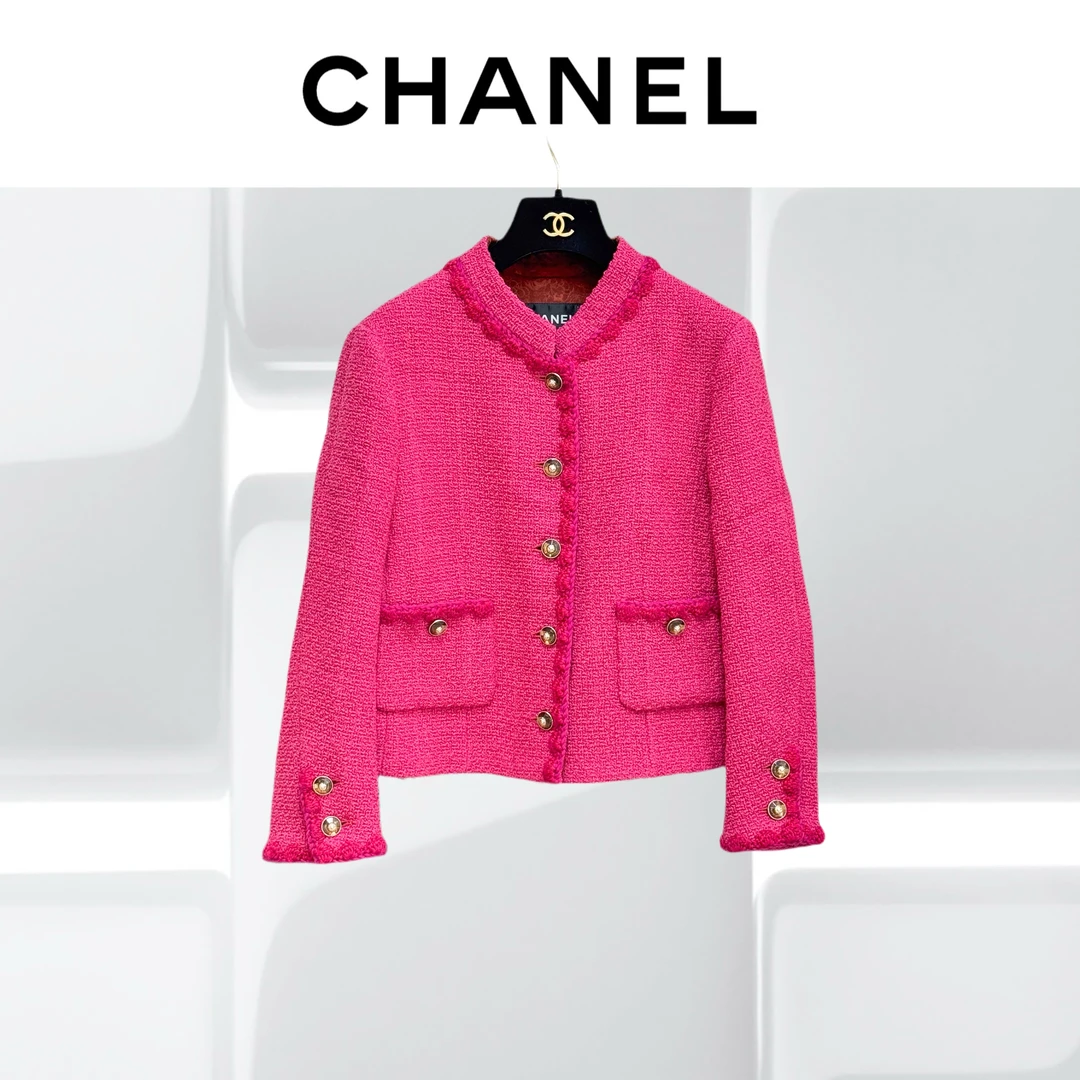 99新 Chanel/香奈儿  36码 玫红色 内拼棕色 长袖 编织 外套
