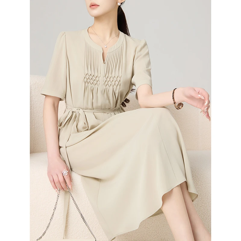 老敏哥 连衣裙女轻奢五分袖内衬塔克叠褶裙 S03086772