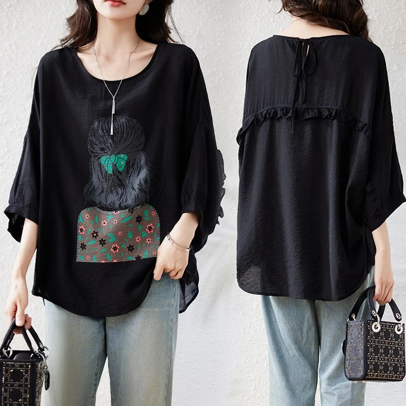 网红爆款洋气印花木耳边上衣女夏季大码女装200斤遮肉显瘦小众T恤